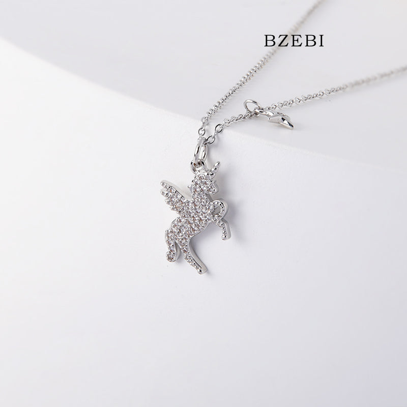 BZEBI 18k Gold Plated Cubic Zirconia Unicorn Necklace for Women with Box