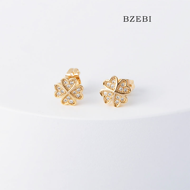 BZEBI 18k Gold Plated Cubic Zirconia Four Leaf Clover Stud Earrings for Women with Box