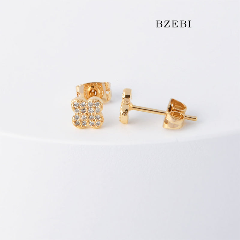 BZEBI 18k Gold Plated Cubic Zirconia Four Page Flower Ear Buckle Stud Earrings for Women with Box