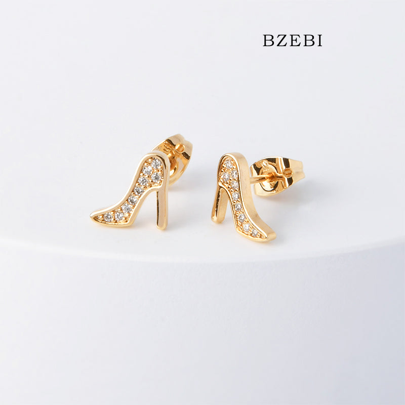 BZEBI 18k Gold Plated Cubic Zirconia High Heel Stud Earrings for Women with Box