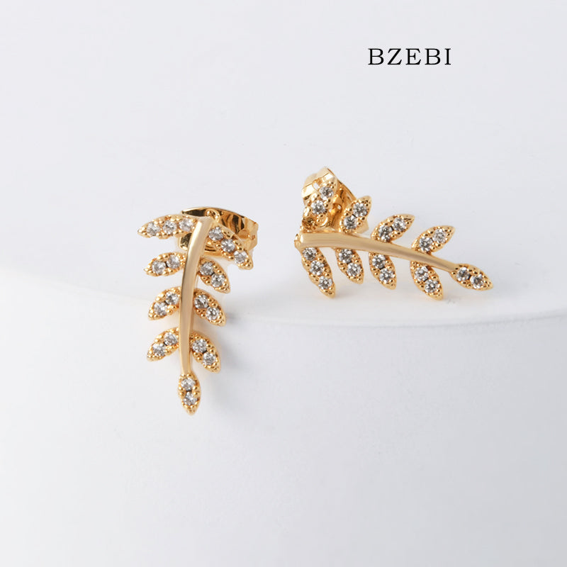 BZEBI 18k Gold Plated Cubic Zirconia Fashion Leaf shape Stud Earrings for Women with Box