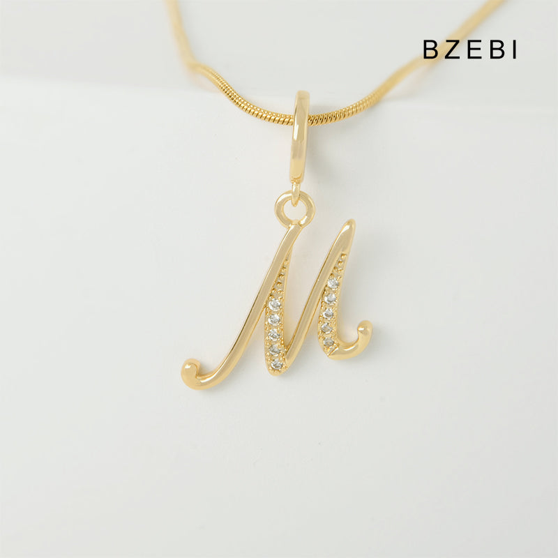 BZEBI 18K Gold Cubic Zirconia Letter M Pendant Necklace