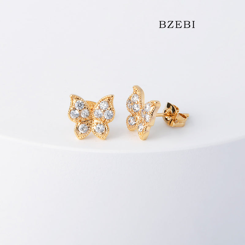 BZEBI 18k Gold Plated Cubic Zirconia Flat Butterfly Stud Earrings for Women with Box