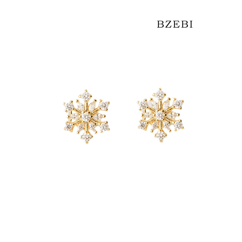 BZEBI 18k Gold Plated Cubic Zirconia Snowflake Stud Earrings for Women with Box