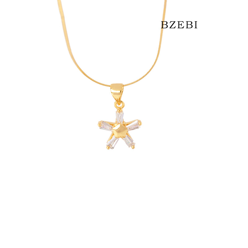 BZEBI 14K gold-plated cubic zirconia five-star petal necklace