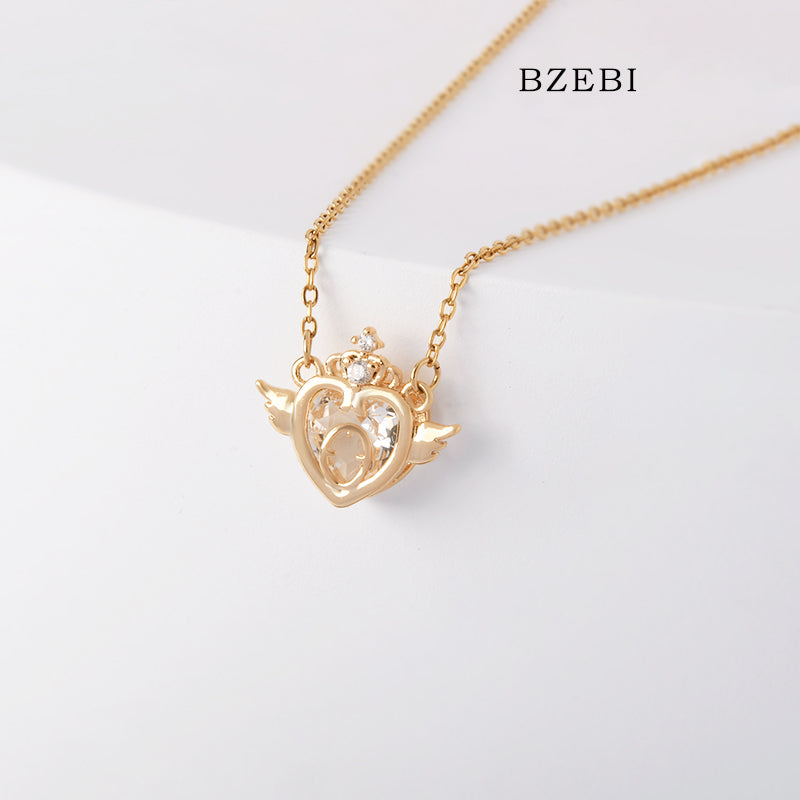 BZEBI 18k Gold Plated Cubic Zirconia Heart Staff Necklace for Women with Box