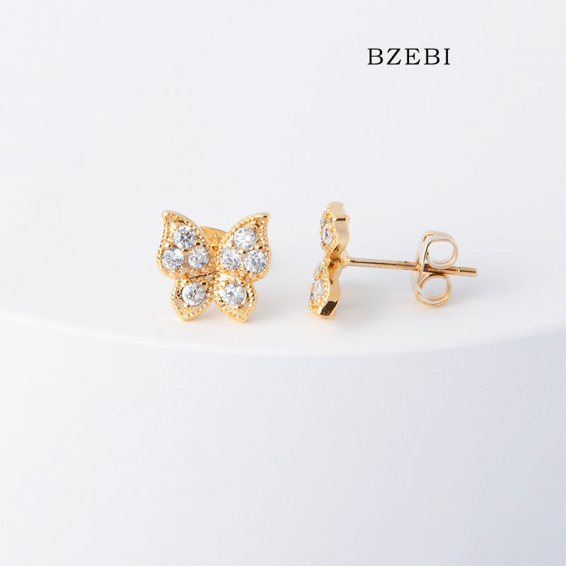 BZEBI 18k Gold Plated Cubic Zirconia Flat Butterfly Stud Earrings for Women with Box