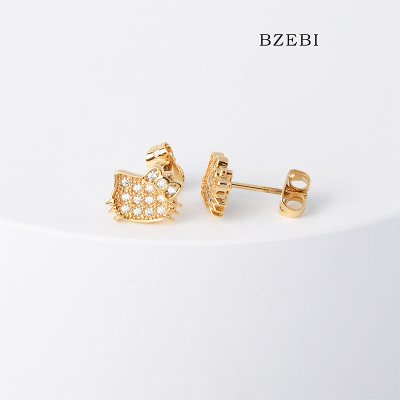 BZEBI 18k Gold Plated Cubic Zirconia Cartoon Cat Accessories Stud Earrings for Women with Box