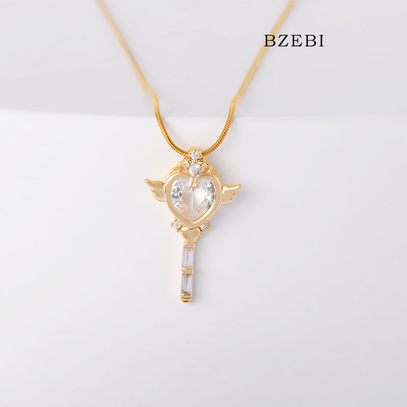 BZEBI 18k Gold Plated Cubic Zirconia Magic Wand Girl Necklace for Women with Box