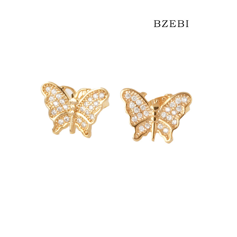 BZEBI 18k Gold Plated Cubic Zirconia Butterfly Stud Earrings for Women with Box