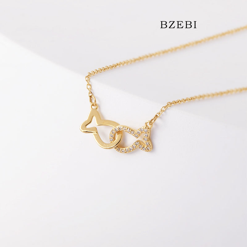 BZEBI 18k Gold Plated Cubic Zirconia Pisces Playful Necklace for Women with Box