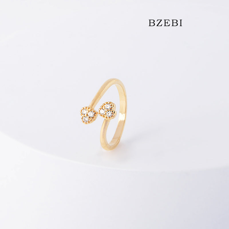 BZEBI 18k Gold Plated Cubic Zirconia Double Heart Adjustable Rings for Women with Box