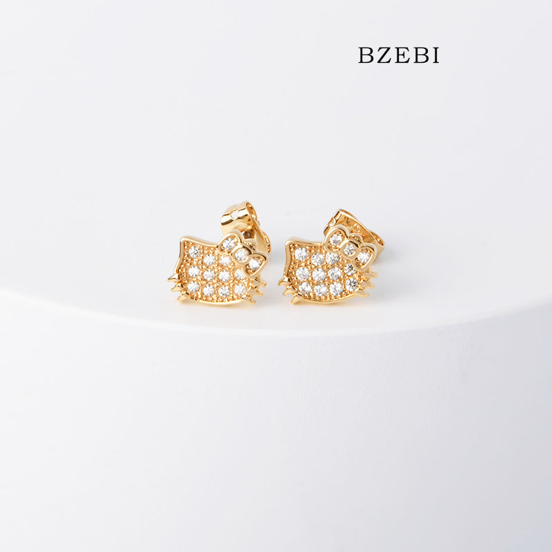 BZEBI 18k Gold Plated Cubic Zirconia Cartoon Cat Accessories Stud Earrings for Women with Box