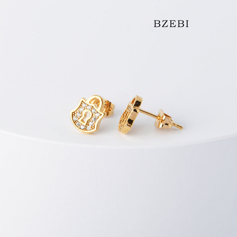 BZEBI 18k Gold Plated Cubic Zirconia Lock pattern Stud Earrings for Women with Box