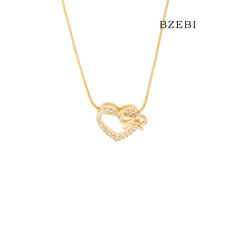 BZEBI 18k Gold Plated Cubic Zirconia Love Bow Girl Necklace for Women with Box