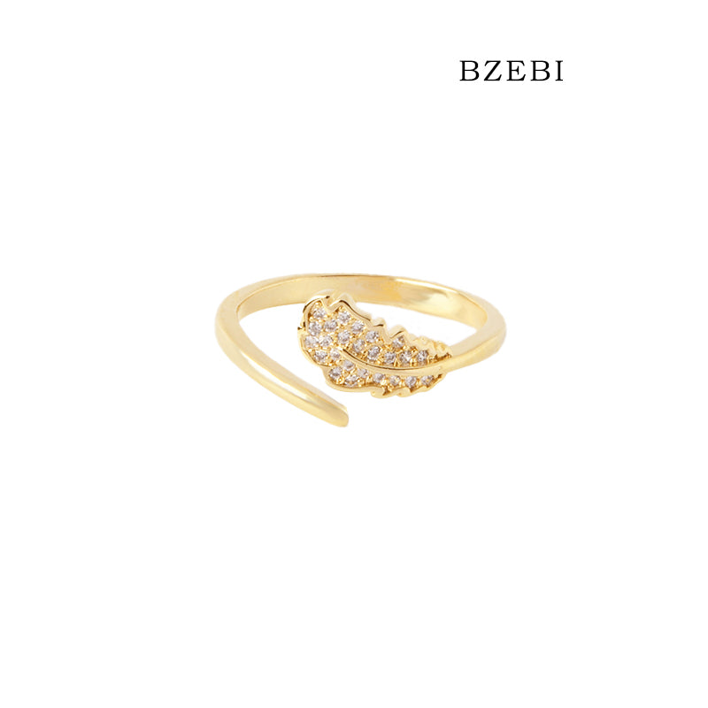 BZEBI 18k Gold Plated Cubic Zirconia Willow Leaf Open Rings for Women with Box