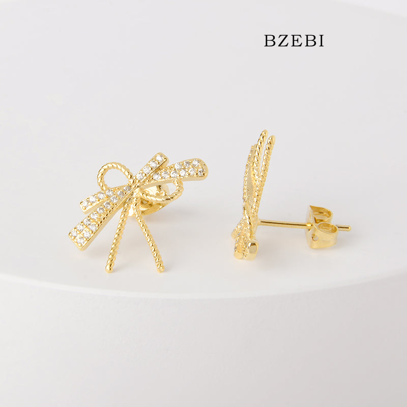 BZEBI 18k Gold Plated Cubic Zirconia Bow Stud Earrings for Women with Box