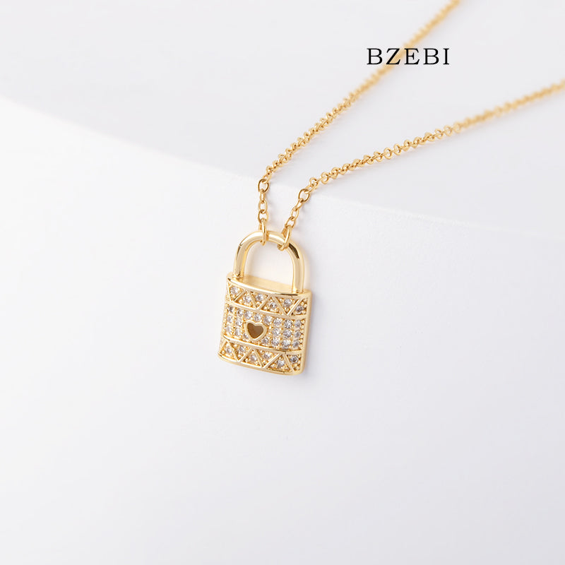 BZEBI 18k Gold Plated Cubic Zirconia Gold Plated Lock Necklace for Women with Box