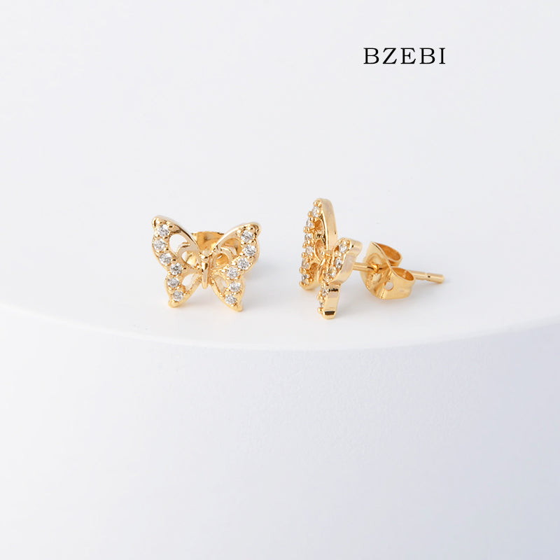 BZEBI 18k Gold Plated Cubic Zirconia Butterfly Stud Earrings for Women with Box