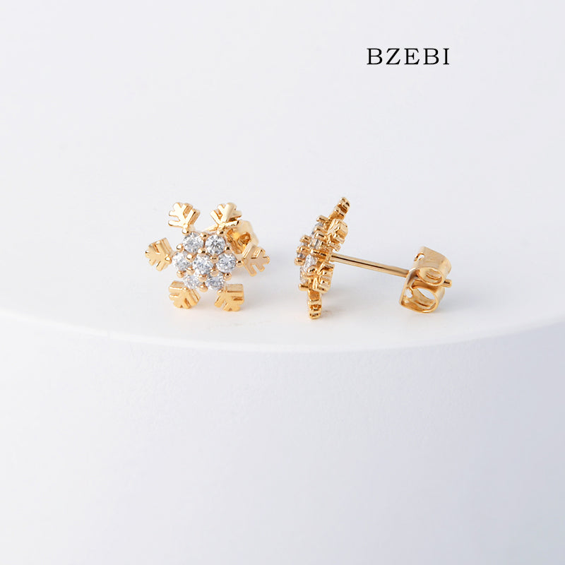 BZEBI 18k Gold Plated Cubic Zirconia Snowflake Stud Earrings for Women with Box