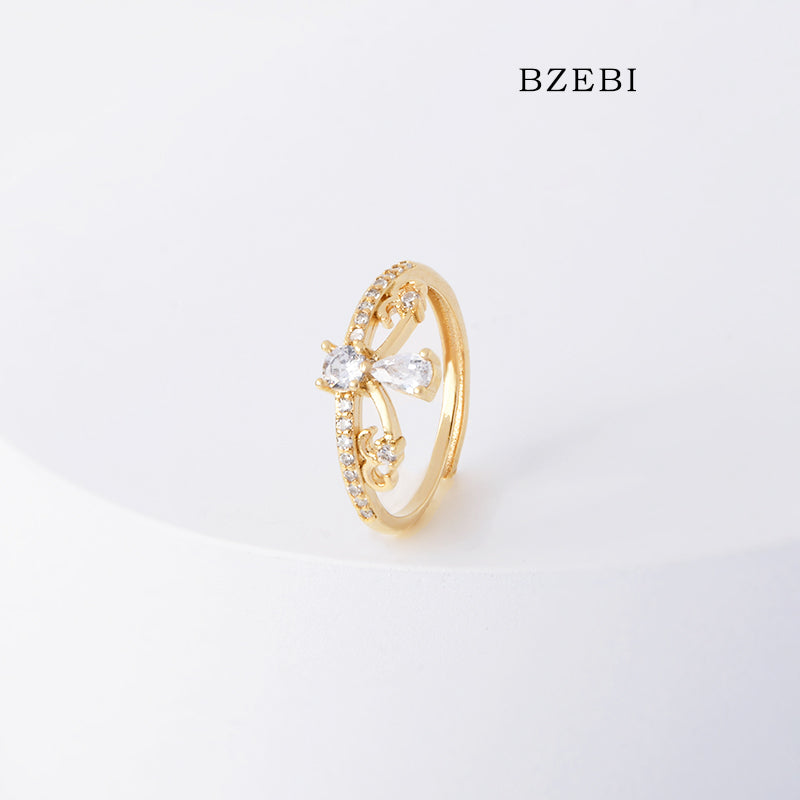 BZEBI 18k Gold Plated Cubic Zirconia Crown Adjustable Rings for Women with Box