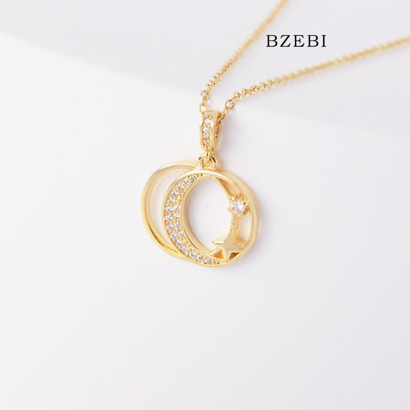 BZEBI 18k Gold Plated Cubic Zirconia Double Star Necklace for Women with Box