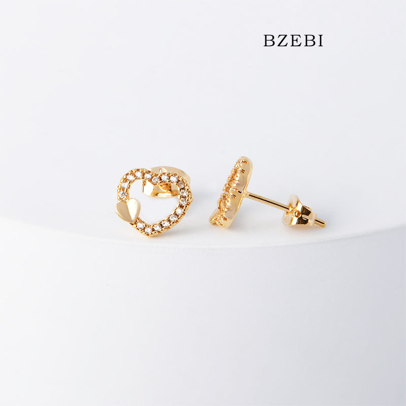 BZEBI 18k Gold Plated Cubic Zirconia Heart Stud Earrings for Women with Box