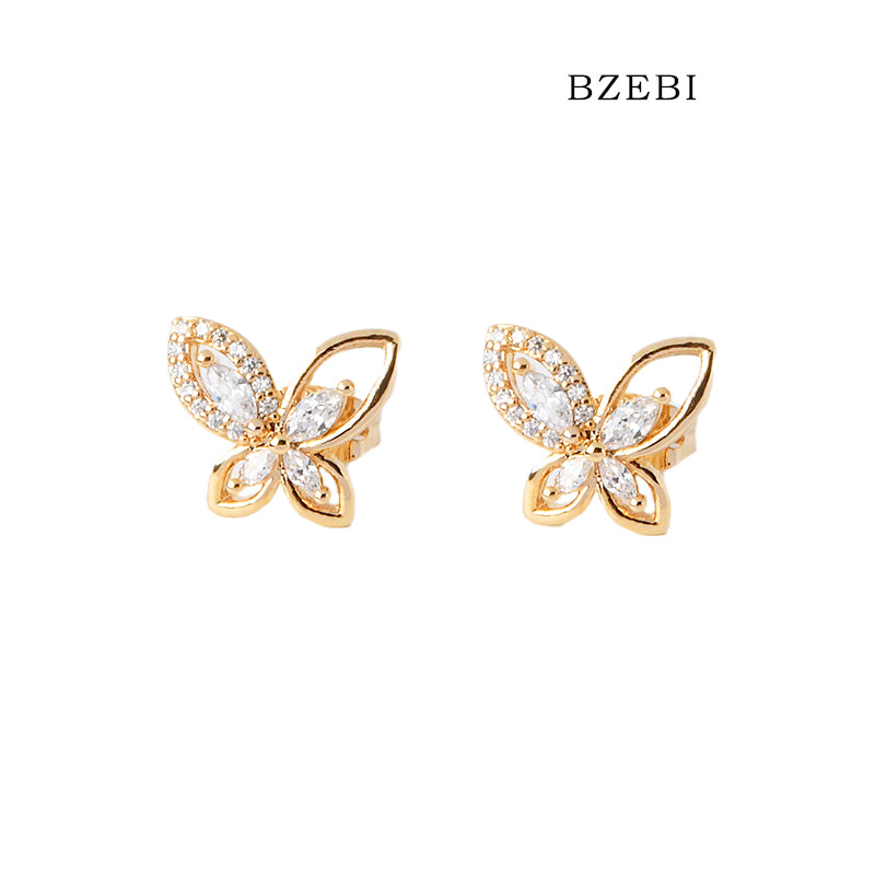 BZEBI 18k Gold Plated Cubic Zirconia Butterfly Stud Earrings for Women with Box