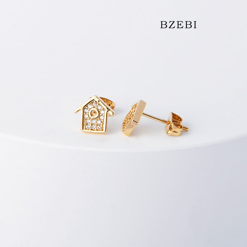 BZEBI 18k Gold Plated Cubic Zirconia House Stud Earrings for Women with Box