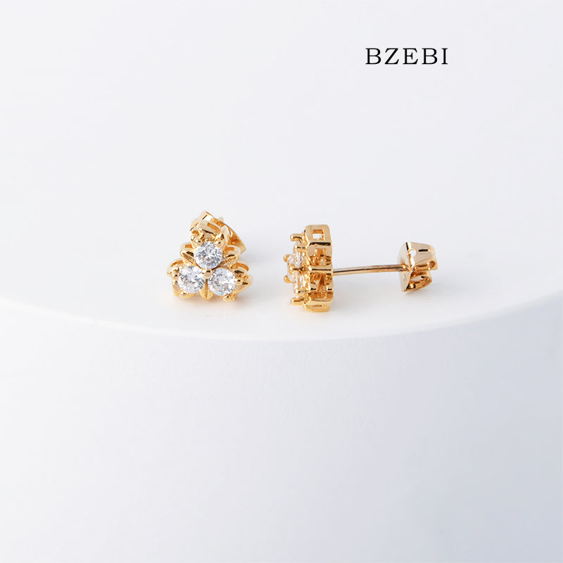 BZEBI 18k Gold Plated Cubic Zirconia Three Petal Flower Stud Earrings for Women with Box