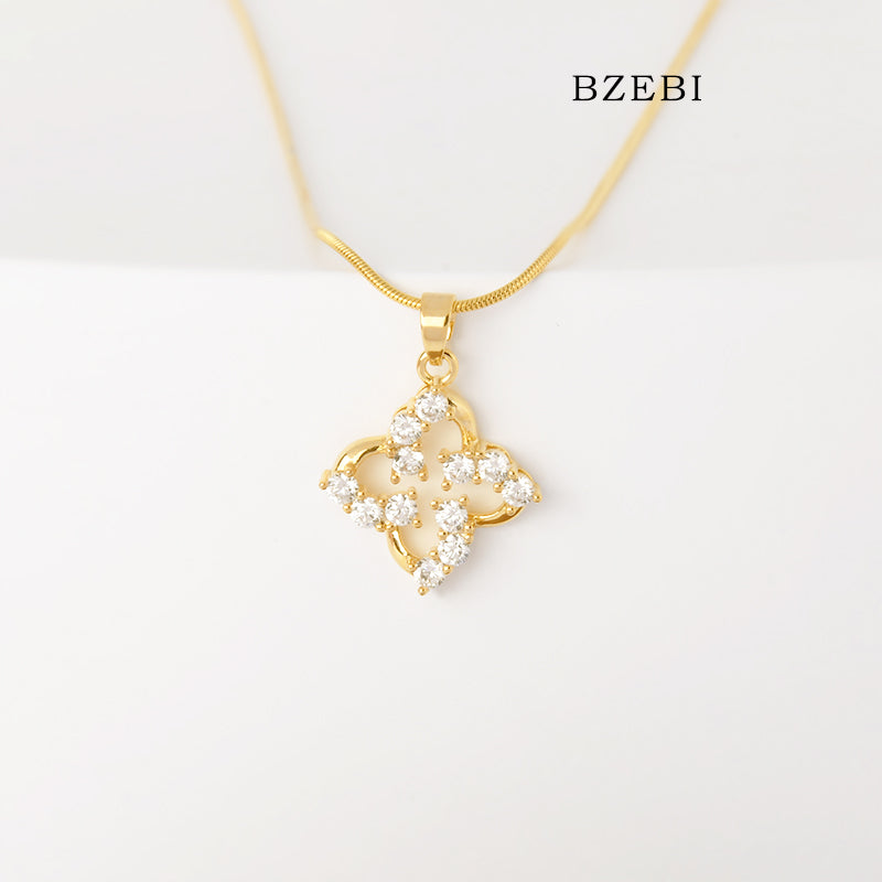 BZEBI 18k Gold Plated Cubic Zirconia gold-plated four-page flower Necklace for Women with Box