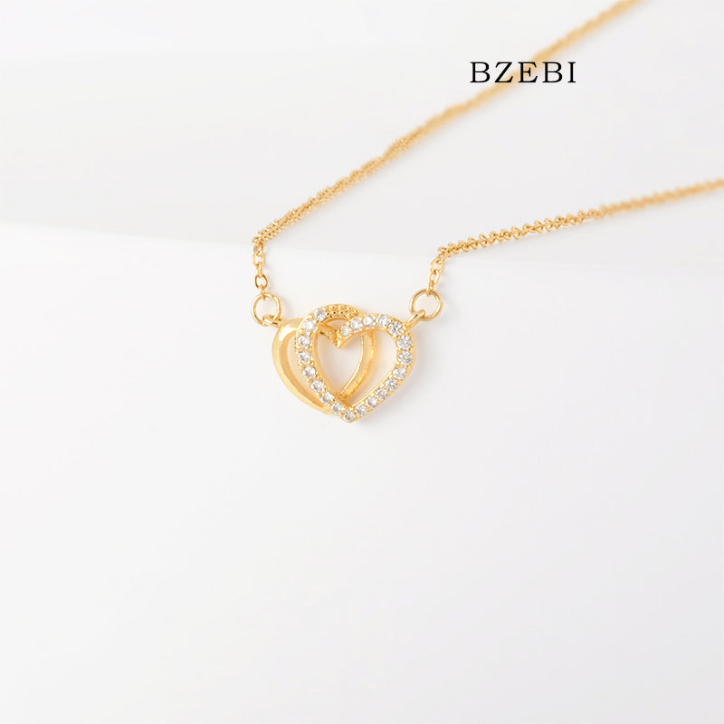 BZEBI 18k Gold Plated Cubic Zirconia Double Heart Interactive Love Necklace for Women with Box