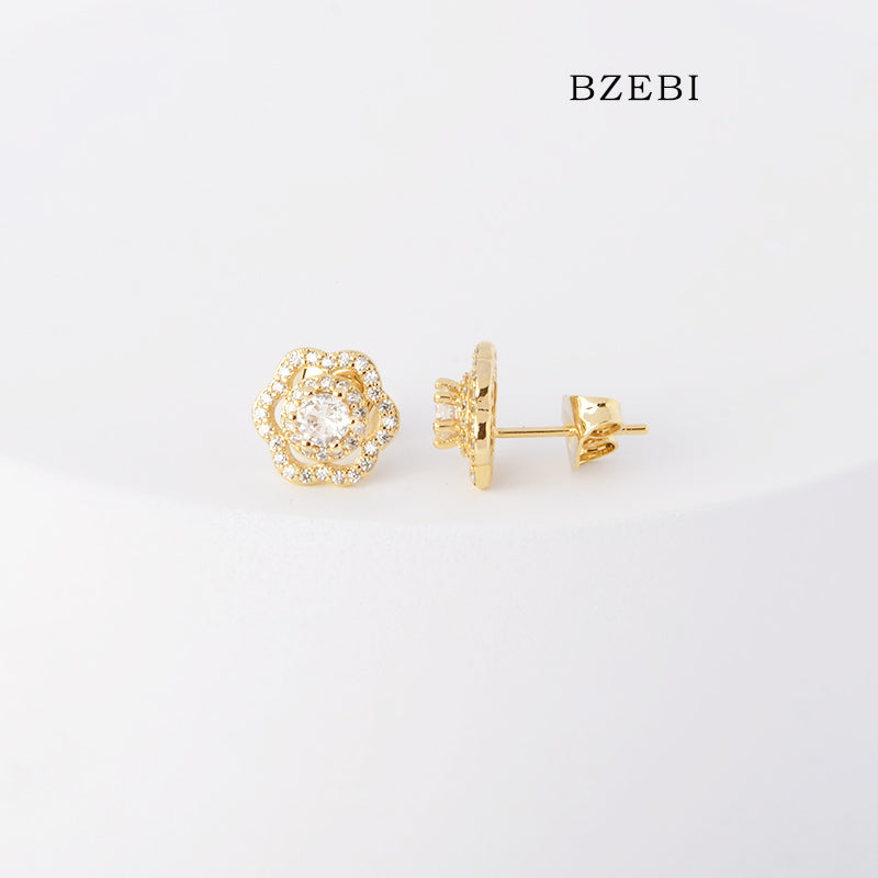 BZEBI 18k Gold Plated Cubic Zirconia Flower Zircon Stud Earrings for Women with Box