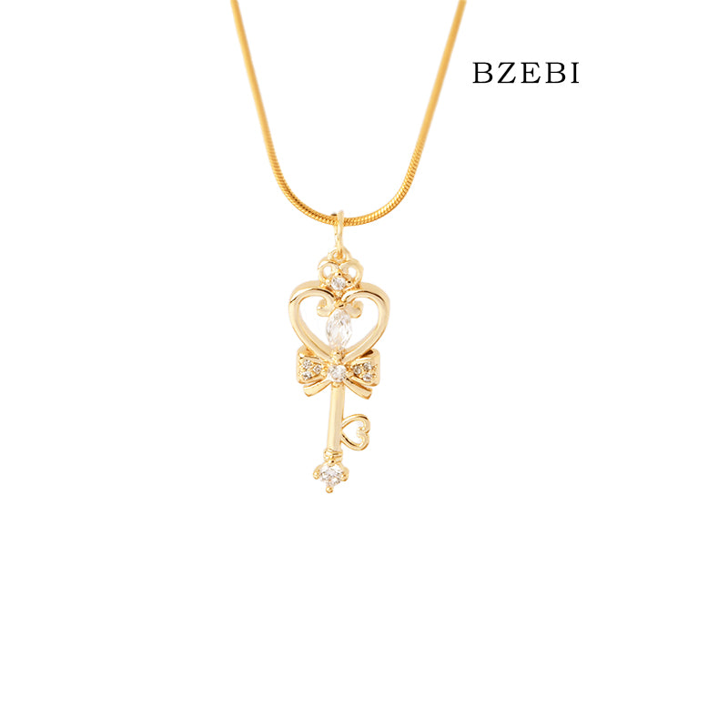 BZEBI 18k Gold Plated Cubic Zirconia Key Staff Necklace for Women with Box