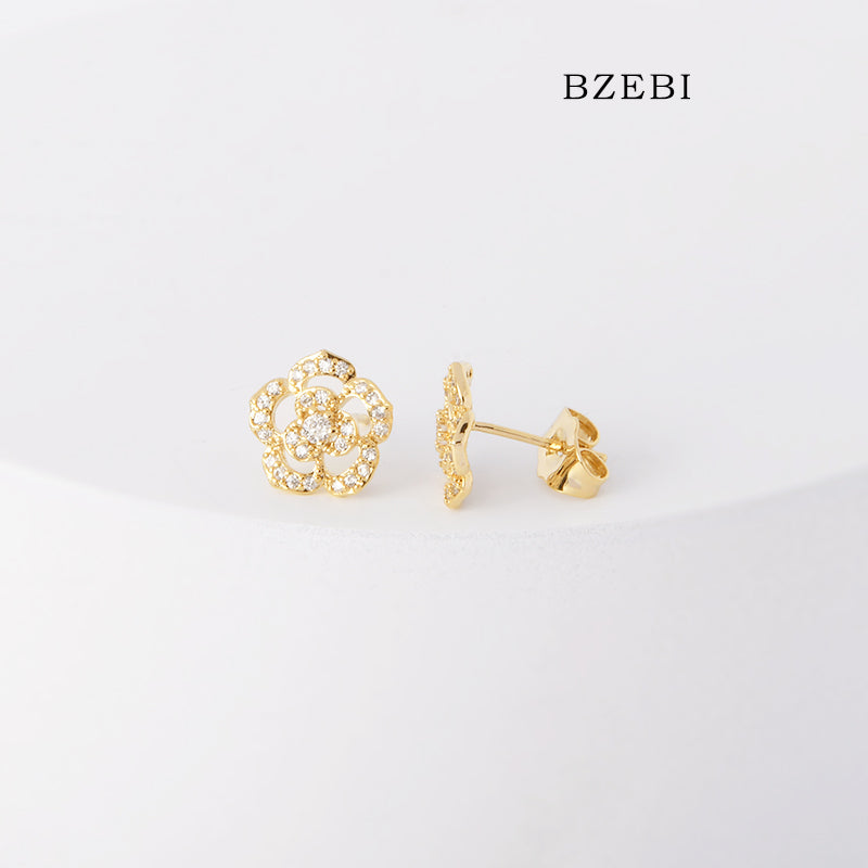 BZEBI 18k Gold Plated Cubic Zirconia Flower Stud Earrings for Women with Box