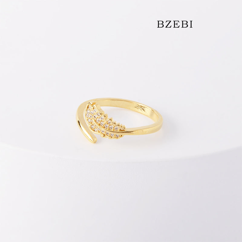 BZEBI 18k Gold Plated Cubic Zirconia Willow Leaf Open Rings for Women with Box