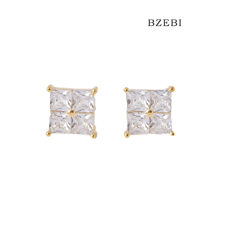 BZEBI 18k Gold Plated Cubic Zirconia Block Diamond Stud Earrings for Women with Box