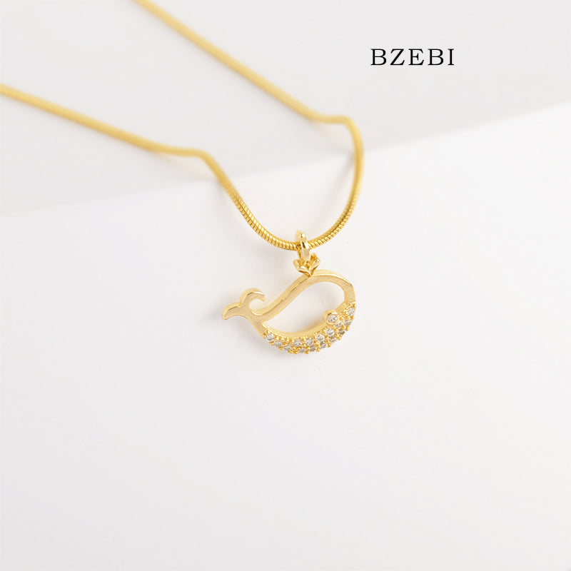 BZEBI 18k Gold Plated Cubic Zirconia Little Whale Necklace for Women with Box