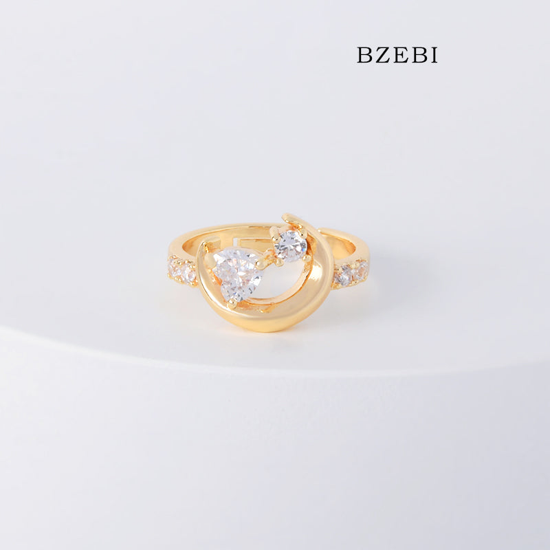 BZEBI 18k Gold Plated Cubic Zirconia Moon Ring for Women with Box