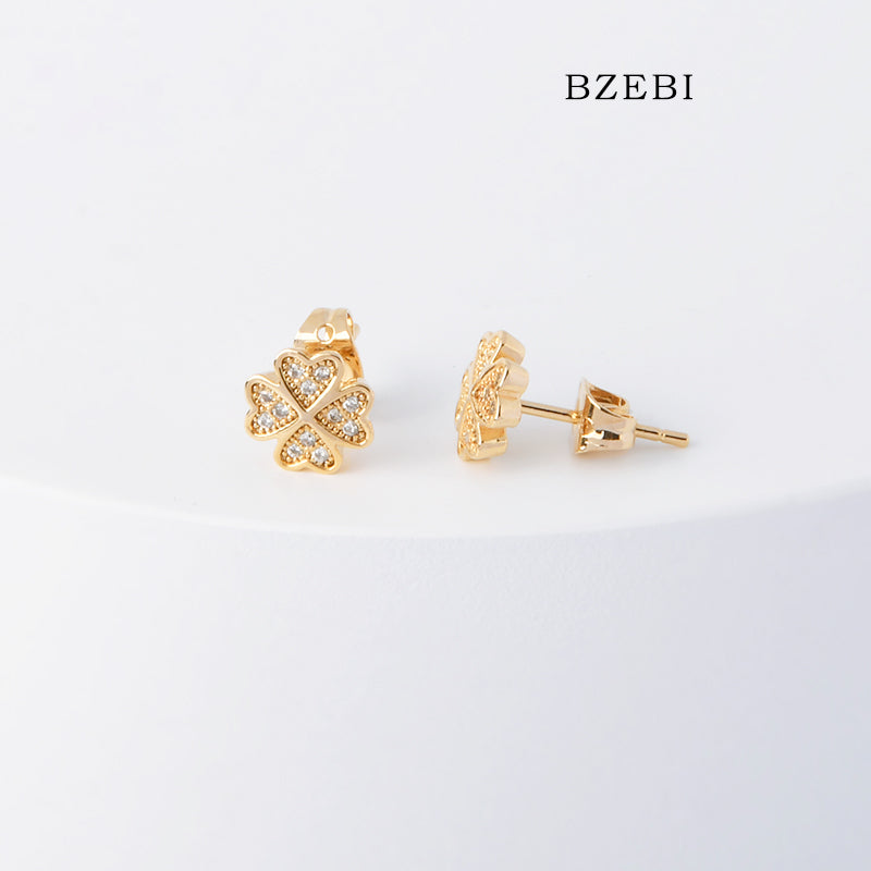 BZEBI 18k Gold Plated Cubic Zirconia Four Leaf Clover Stud Earrings for Women with Box