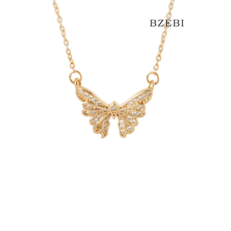 BZEBI 18k Gold Plated Cubic Zirconia Butterfly Necklace for Women with Box