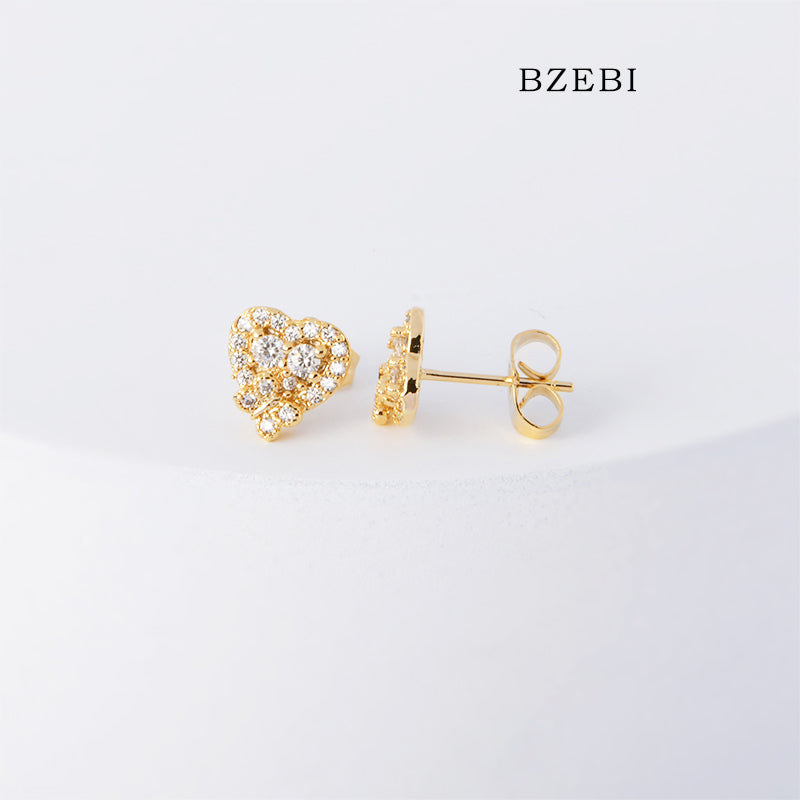 BZEBI 18k Gold Plated Cubic Zirconia Heart Short Stud Earrings for Women with Box