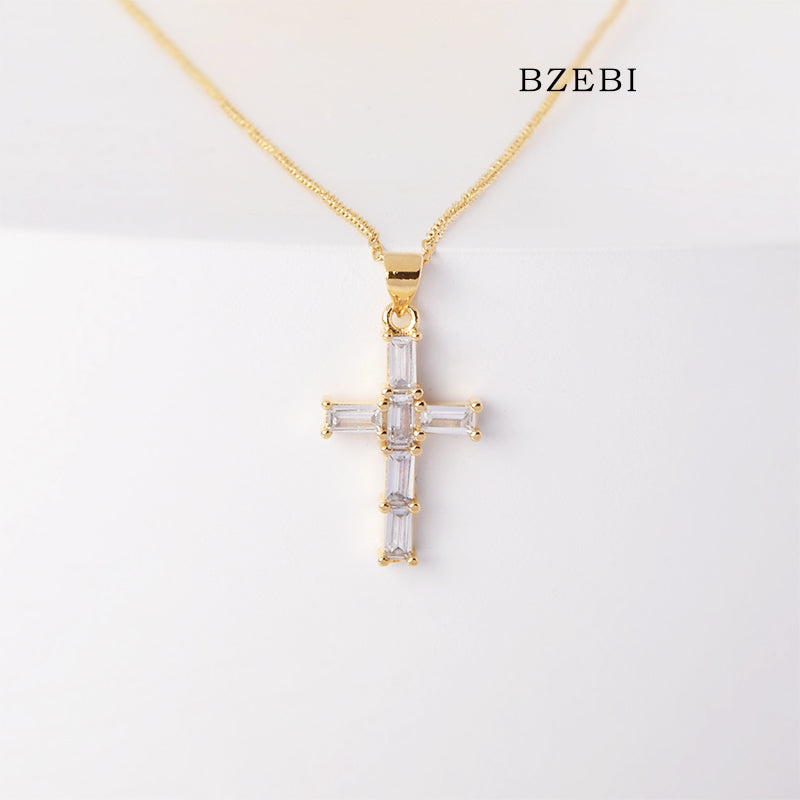 BZEBI 18k Gold Plated Cubic Zirconia Zircon Cross Necklace for Women with Box