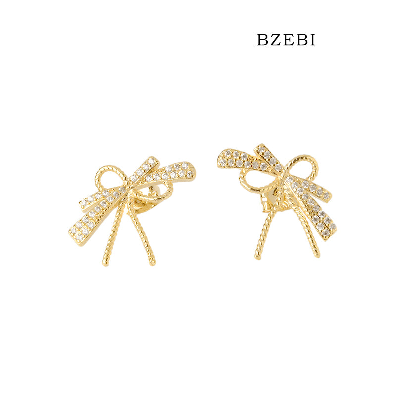 BZEBI 18k Gold Plated Cubic Zirconia Bow Stud Earrings for Women with Box