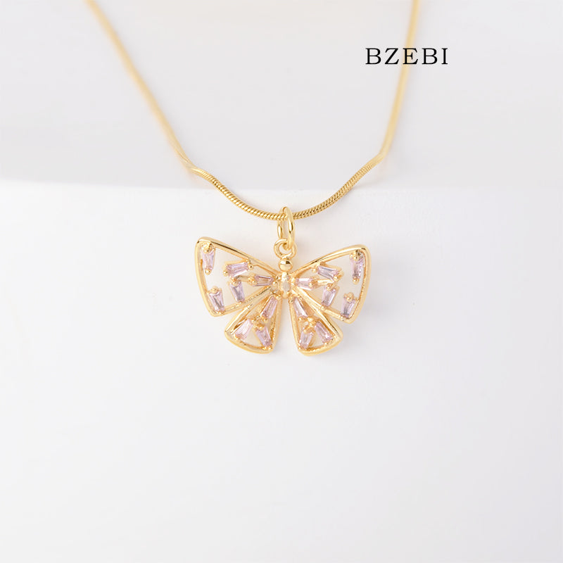 BZEBI 18k Gold Plated Cubic Zirconia ladies freedom butterfly Necklace for Women with Box