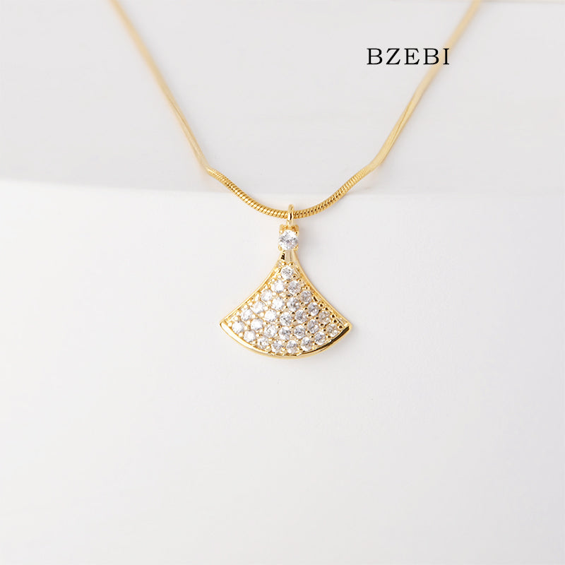 BZEBI 18k Gold Plated Cubic Zirconia fan-shaped pendant Necklace for Women with Box