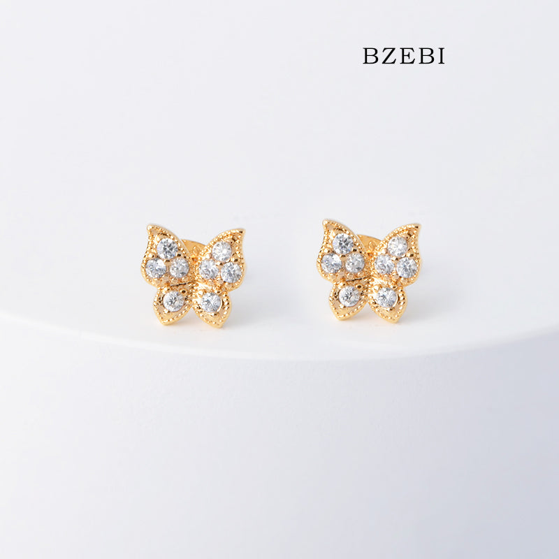 BZEBI 18k Gold Plated Cubic Zirconia Flat Butterfly Stud Earrings for Women with Box