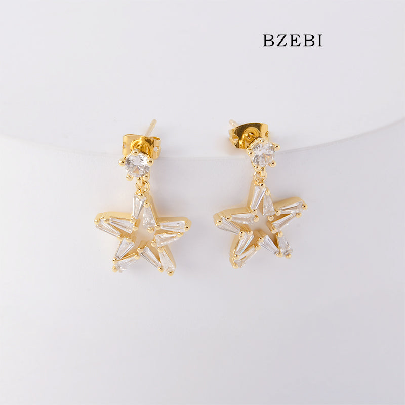 BZEBI 18k Gold Plated Cubic Zirconia Pentagram Stud Earrings for Women with Box