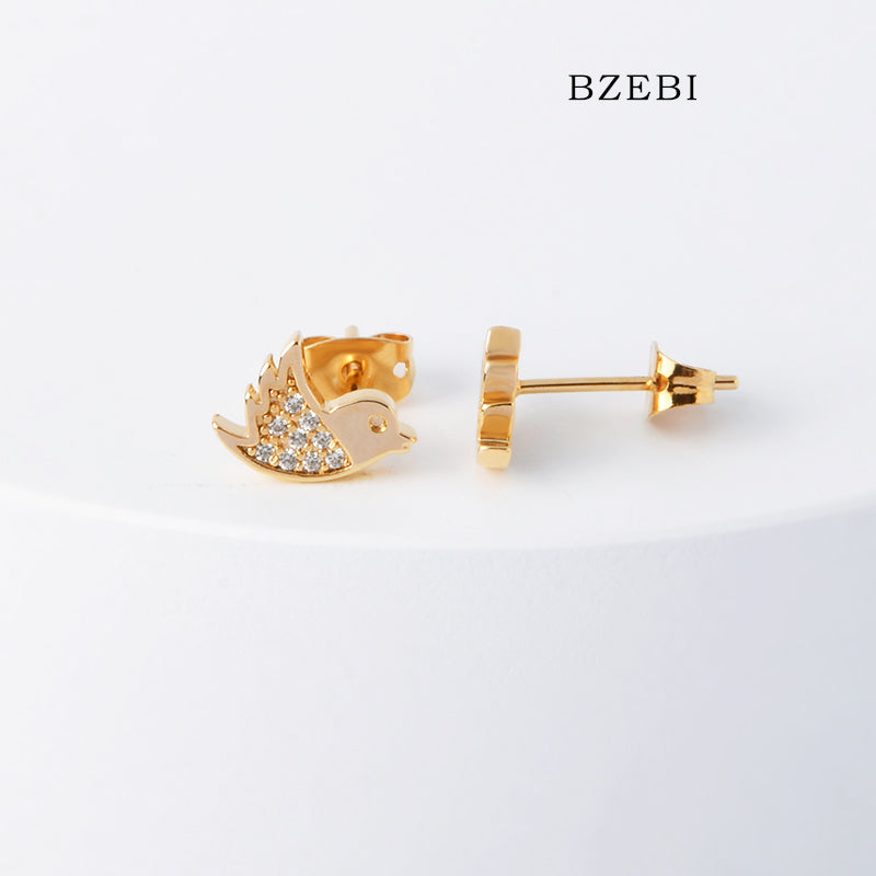 BZEBI 18k Gold Plated Cubic Zirconia Bird Stud Earrings for Women with Box