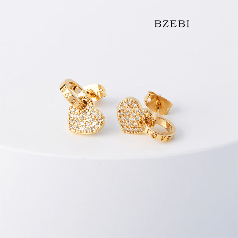 BZEBI 18k Gold Plated Cubic Zirconia Heart LOVE Stud Earrings for Women with Box